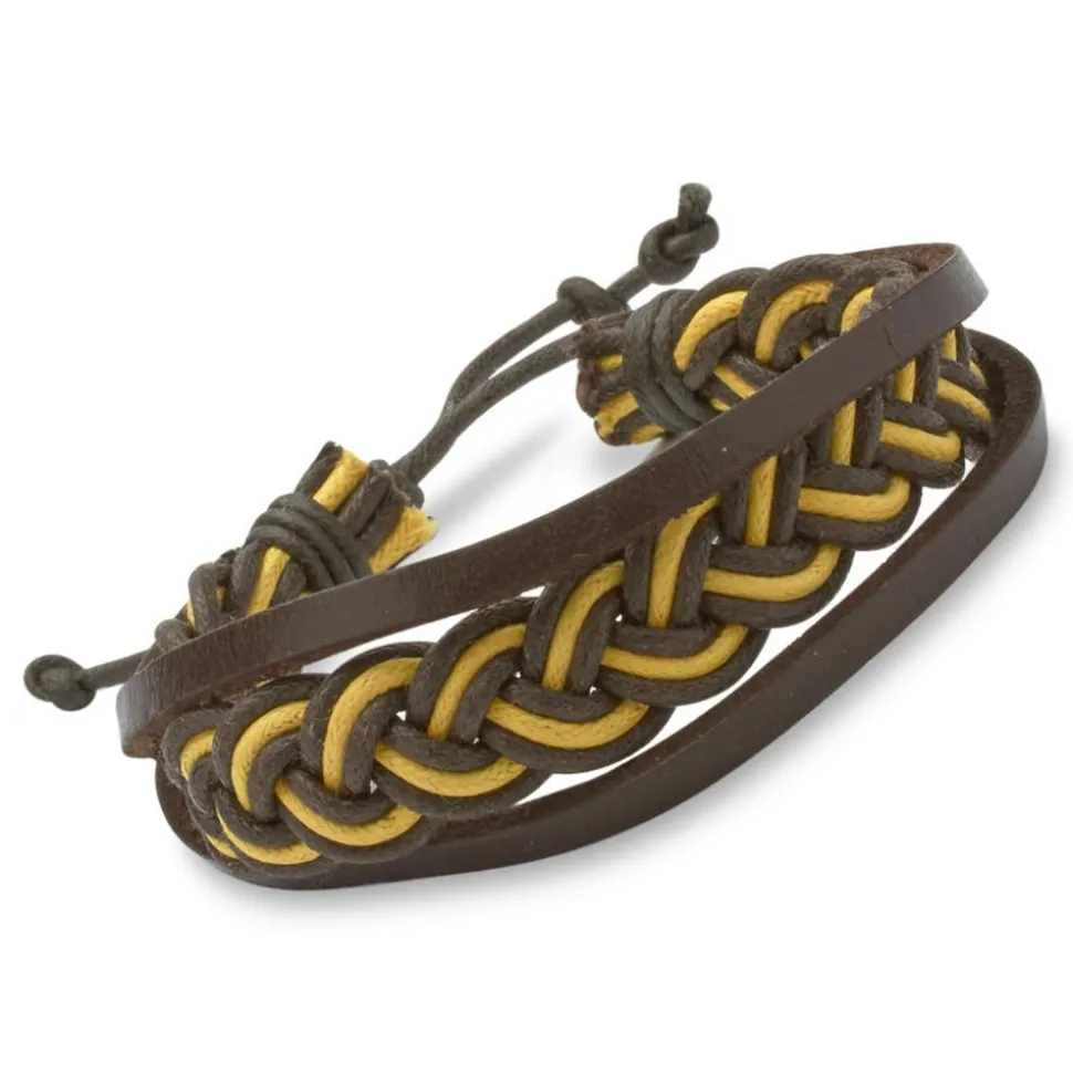 Armband Flechtoptik Leder Textil gelb dunkelbraun LB0397