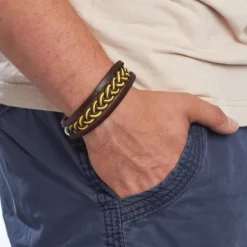 Armband Flechtoptik Leder Textil gelb dunkelbraun LB0397