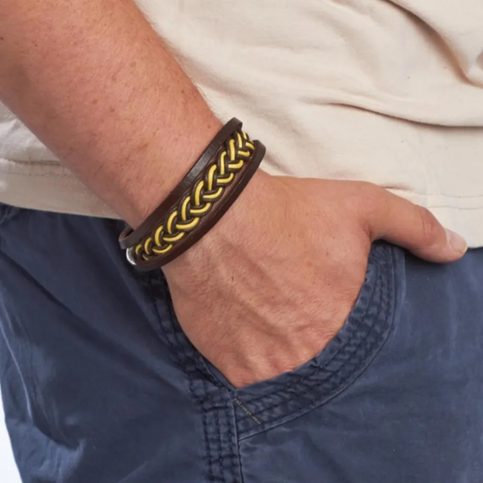 Armband Flechtoptik Leder Textil gelb dunkelbraun LB0397