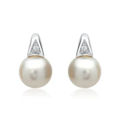 585er Weißgold-Ohrringe Perle 2 Diamanten DE0165
