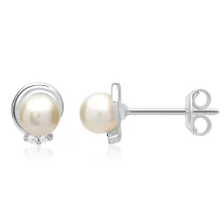 585er Weißgold-Ohrringe Perle 4 Diamanten DE0159