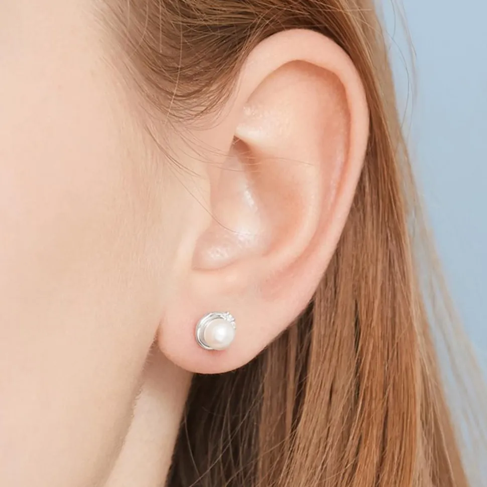 585er Weißgold-Ohrringe Perle 4 Diamanten DE0159