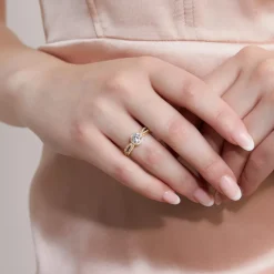 Goldener Halo Verlobungsring für Damen, gravierbar BDR0013-GSL