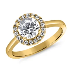 Goldener Verlobungsring Halo mit Diamanten, gravierbar BDR0021-GSL