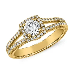 Halo-Ring aus Gelbgold mit Diamanten, gravierbar BDR0017-GSL