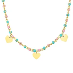 Mädchen Edelstahlkette mit Glasperlen, Herz, IP Gold 2033361