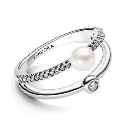 Zweigeteilter Ring aus 925er Silber mit Perle, Zirkonia 193147C01