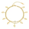 Zweireihige Fußkette Blätter Perle Edelstahl gold A5014