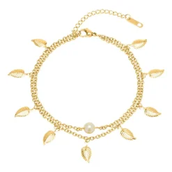 Zweireihige Fußkette Blätter Perle Edelstahl gold A5014