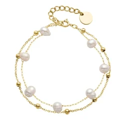Zweireihiges Damenarmband aus Edelstahl, gold, Perlen B5285-G-SL